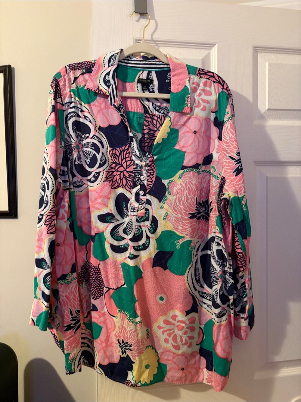 Talbots Pink, Green & Navy Floral Button-Up Tunic